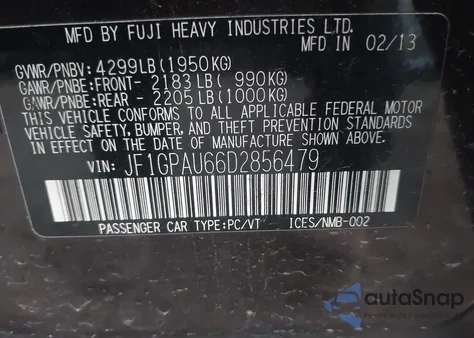 2013 Subaru Impreza 2.0I Sport Limited from USA, damaged, VIN JF1GPAU66D2856479